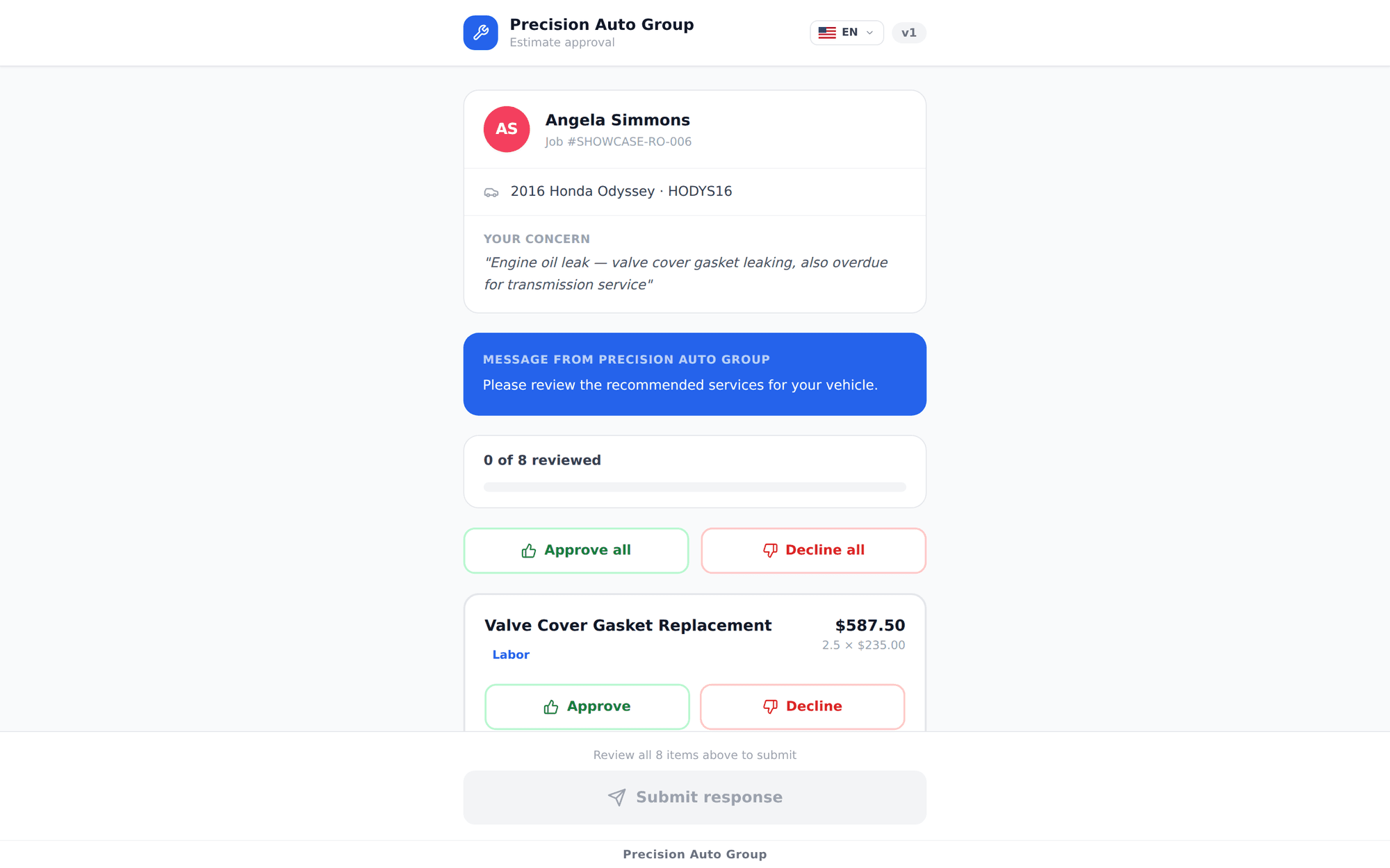 Customer estimate-approval page with itemized services and approve or decline controls
